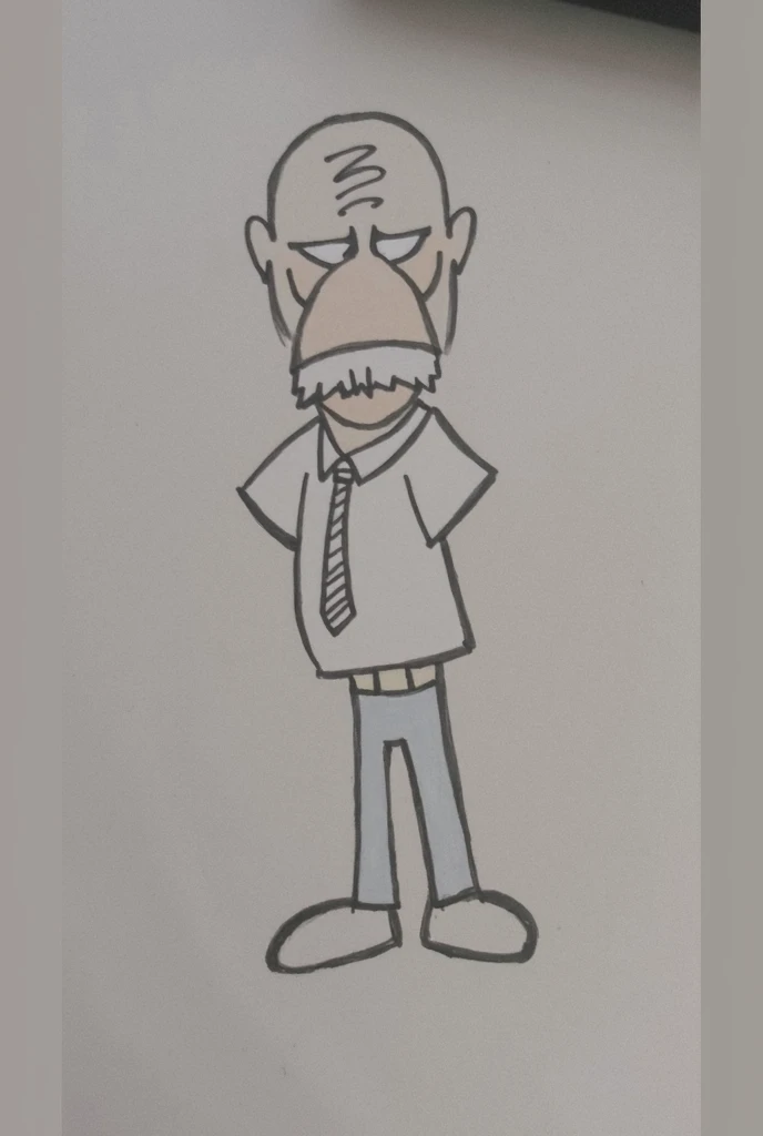 a cartoon guy that is a angry boss, (colorful design:1.4), (Disney style),(pixar style:1.5), bald with a big nose and big mustache,your shirt is white and your pants are blue, he wears a striped tie, has only two hairs, your nose has sharp edges and define...