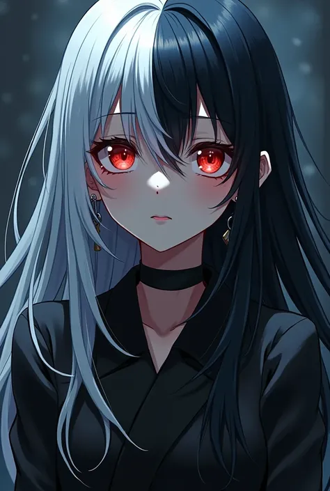 anime character, that is dark,have half of your hair dyed white, on the left side and have earrings