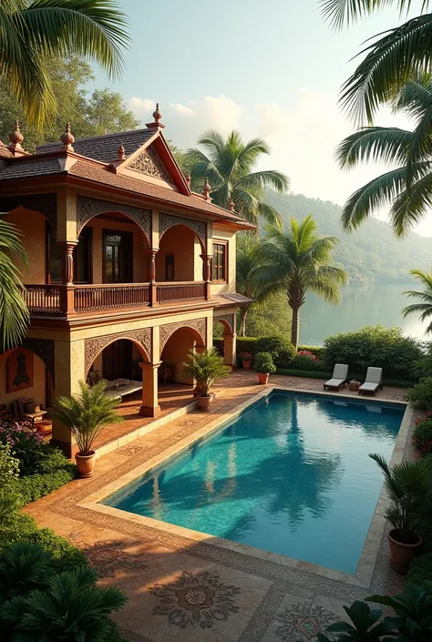 An indian house with private pool near a lake