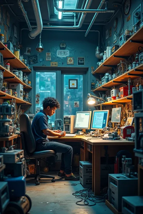 Kwame’s workshop is a chaotic but fascinating place, filled with gadgets, tools, and various tech projects in different stages of completion. Shelves are crammed with electronic parts, and the workbench is cluttered with wires and circuit boards. The room ...