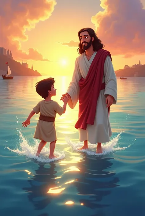 Create a Disney Pixar Cartoon Illustration of Jesus and Peter (adults) On the water