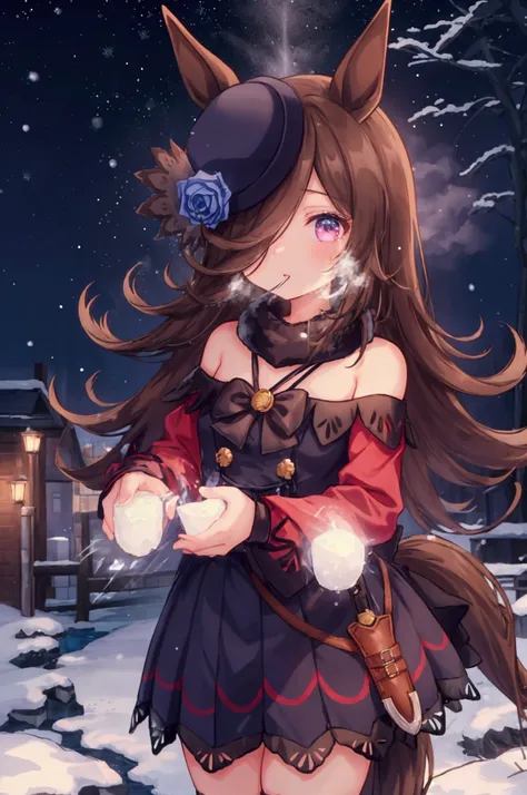 Girl、Horse&#39;s ears、Horse tail、hat、Light brown knitted outfit、Off the shoulder、Fur muffler、Navy blue mini skirt、Black knee-high socks、Snowy town、Urban area、night、snowflakes shine、White Breath、reflected light