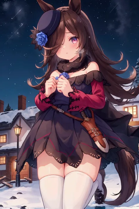 Girl、Horse&#39;s ears、Horse tail、hat、Light brown knitted outfit、Off the shoulder、Fur muffler、Navy blue mini skirt、Black knee-high socks、Snowy town、Urban area、night、snowflakes shine、White Breath、reflected light