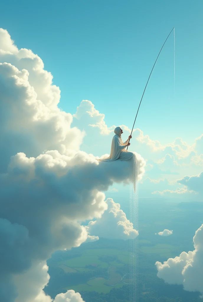 Fishing in heaven, a long fishing line that reaches far down to the earth below, hanging from a fishing line after sitting on a cloud in heaven,