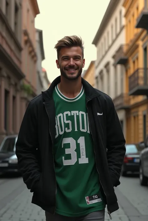 (photorealism:1.2), beautiful man, walking on the street, wearing black jacket, boston celtics jersey, hairstyle like David Beckham in 2014, smiling face, no tattoos, outdoors, soft lighting, street of Tbilisi background, sunlight weather, relaxed pose, re...