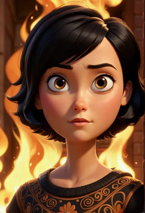 Cartoon, 3D, Style Pixar, Woman, very short black hair, eyes browns rounded and large