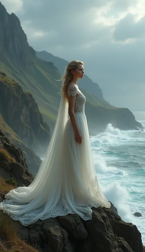 a stunningly beautiful young lady with porcelain skin, high cheekbones, and bright blue eyes, wearing a flowing, intricately designed, pure white wedding gown with a delicate lace veil, standing confidently at the rugged edge of a misty mountain peak, her ...