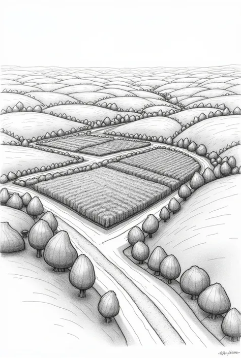 draw a super easy picture of the ideal farm site for vegetable production, include the slightly sloping topography of the land, nearness to road and transportation facilities and availability of water supply, the drawing has no colors 