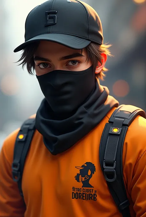 Free fire character orange shirt black cap turned backwards black mask without backpack 