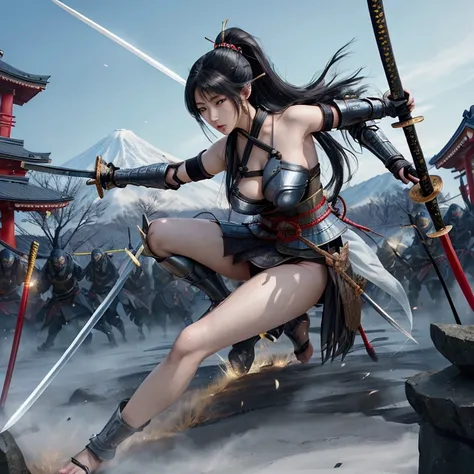 (Japanese women)、(Warrior Princess)、(War Goddess)、(Black Hair)、(ponytail)、(Old Japanese Armor)、((Holding a Japanese sword))、(True to prompts)、(upscale)、(Glaring with sharp eyes)、(Super big breasts),(battlefield)、((Many Enemies))、(sunny)、(blue sky)、(Best li...