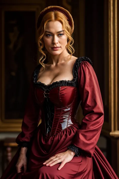 award-winning professional and realistic photo of evil Victorian noblewoman Cersei Lannister, Victorian manor, Victorian rubber fashion, elegant rubber attire, elegant long and silky hair, poised posture, busty, cruel smirk, detailed textures, sharp focus,...