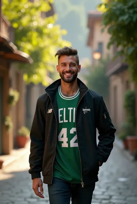 (photorealism:1.2), beautiful man, walking on the street, wearing black jacket, boston celtics jersey, hairstyle like David Beckham in 2017, smiling face, no tattoos, outdoors, soft lighting, street of Tbilisi background, sunlight weather, relaxed pose, re...