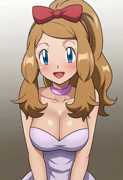 Masterpiece, Best quality, 1 girl, serena(Pokémon), 1 girl, breasts, jewelry, alone, long hair, dress, necklace, cleavage, huge big, open mouth, brown hair, blue eyes, white dress, smile , looking at viewer, choker, ponytail, bare shoulders, bare shoulders...