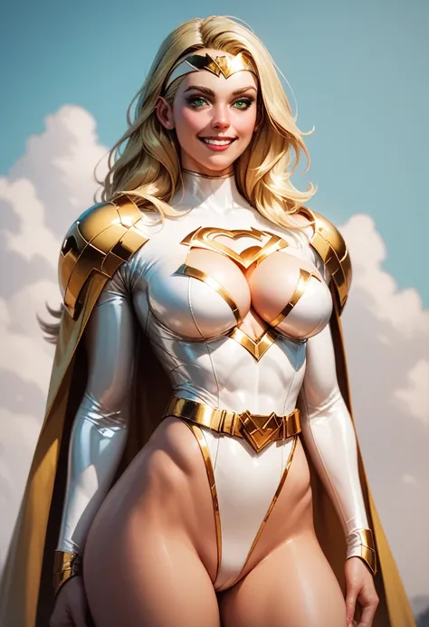 score_9, score_8_up, score_7_up, score_6_up, score_5_up, score_4_up, Sexy, Superheroine, blonde hair, green eyes, long hair, busty, ((White skimpy highleg leotard with a t-back thong)), gold belt, gold cape, thin white headband, deep v cleavage cutout, hap...