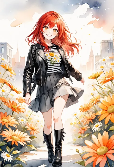 the image is a watercolor style illustration of a young girl with long red hair. she is wearing a black leather jacket with a st...