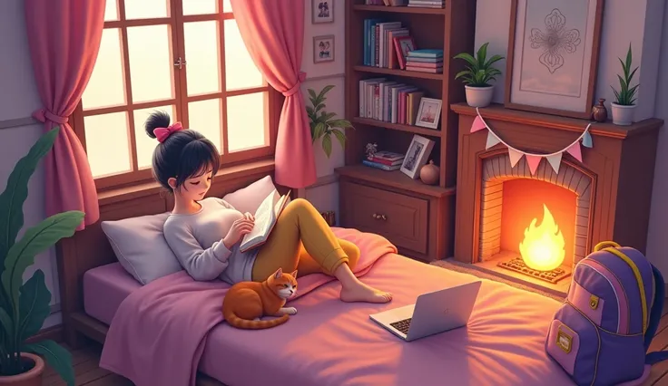 Create an image that depicts a warm, intimate scene with a style reminiscent of modern animation. In it, a young woman with dark hair with a pink bow that holds her hair, relaxes lying on her bed reading a book in her spring house in the rustic style count...