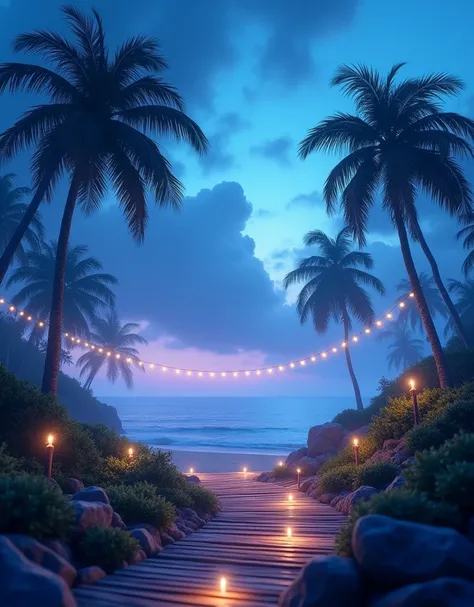 "A wide, enchanting view unfolds on a magical night at the sea shore. The scene is shrouded in a delicate fog, with an orangeish-purple night sky that glows with a mystical aura. Towering palm trees sway gently in the night breeze, their leaves rustling in...