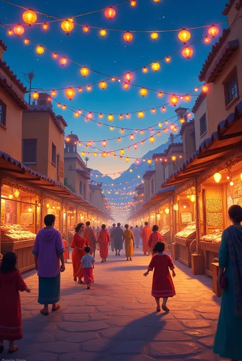 The town square of Bahari is alive with vibrant activity as the townspeople prepare for the annual Festival of Lights. Colourful lanterns hang from strings crisscrossing above, creating a canopy of brilliant hues. Stalls and booths line the cobblestone pat...