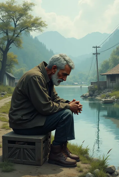 56 year old man in redemption in a small village sitting on a crate next to his little fishing spot questioning his life with a sad frame 