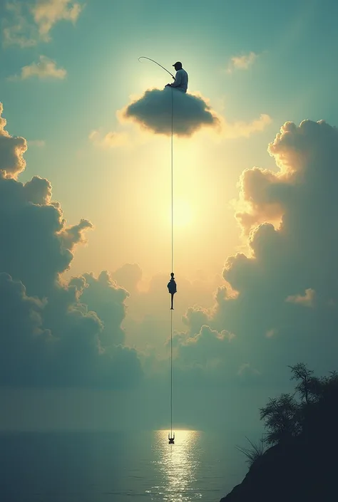 Fishing in heaven, a long fishing line that reaches far down to the earth below, hanging from a fishing line after sitting on a cloud in heaven,