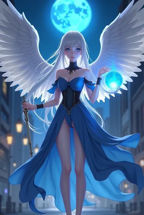 Russian、Young、clear、Elegance、noble、Gray Hair、Silver Hair、Long Hair、Soft Hair、Blue Moon Night、city、noble、Light blue and black dress、Spreading Dresses、Anime Face、Big eyes、Bright Face、popular person、Magical girl、The magic of light、magic circle、Large white win...