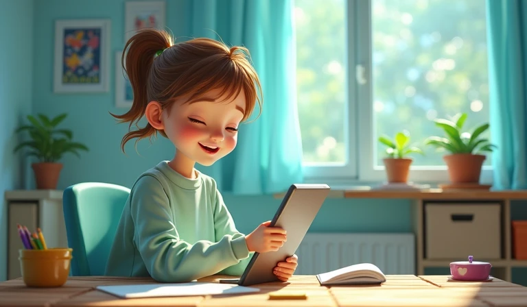 3D render teenager 13 happy drawing on tablet, cozy atmosphere, child happy, cartoon style