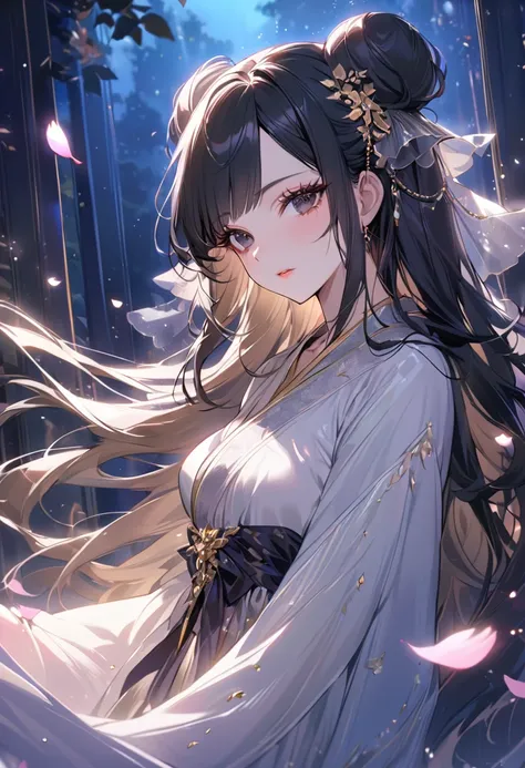 ((best quality)), ((Masterpiece)), (details), 1 woman, Medium bust, black hair, black eyes, ((long hair, buns)), Bangs , curve, beautiful face, Beautiful skin , Long eyelashes, Thick eyelashes, Hanfu,（Dress conservatively：1.3）,Flying petals, seductive pose...