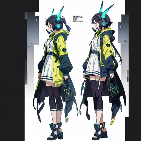 One girl,(((Highest quality、masterpiece、Official Art、Very detailed、Anime Style、Best dynamic composition、profile、Perfect Anatomy)))、 Headphones, hoodie, Vibrant colors, neon, White Background、gas mask、
