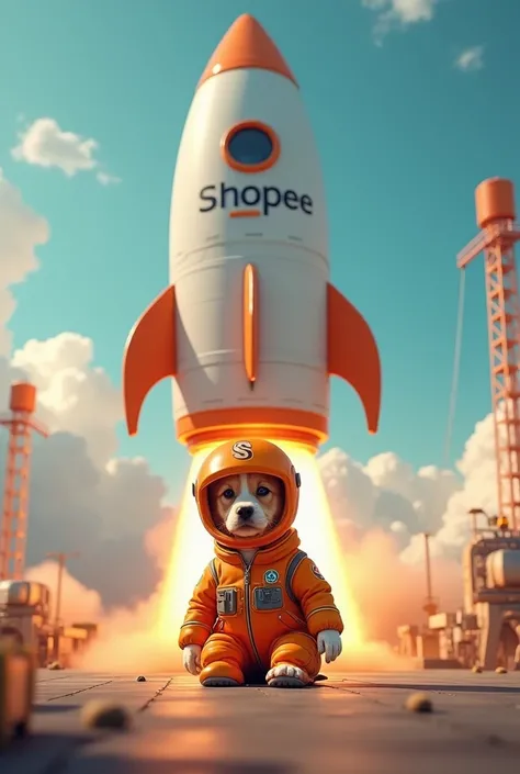 Shopee rocket taking off with a dog dressed as an astronaut and wearing an orange helmet inside