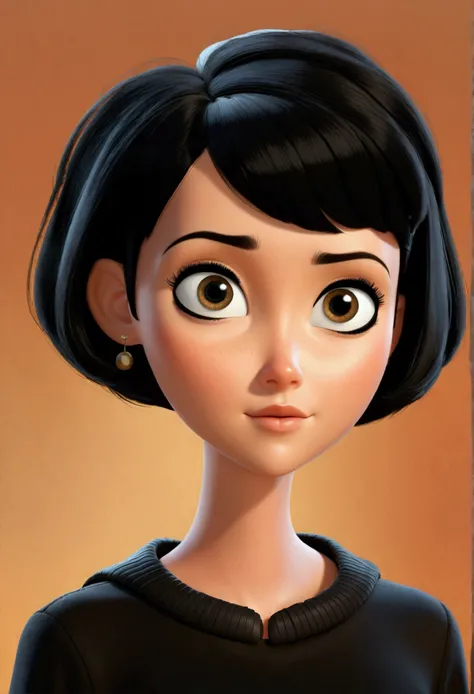 Cartoon, 3D, Style Pixar, Woman, ((((very short black hair)))), eyes browns rounded and large