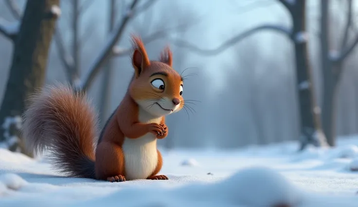 • make 3d realistic animated image of "•  He(squirrel)remembered Shelly’s(an old turtle)advice and felt sad that he hadn’t listened.
Prompt: Nutty(squirrel)sits in the cold, reflecting with a sad and regretful expression, remembering Shelly’s wise words ab...