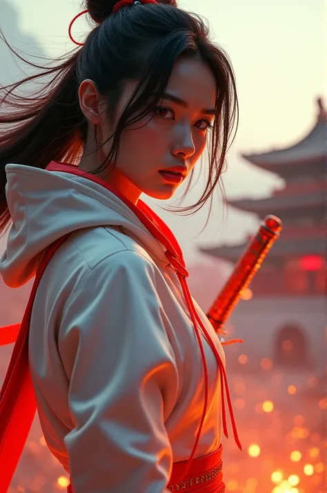 (masterpiece, best quality, beauty),uhd,  china female kungfu, korean beauty like tae yon, her face and  full body visible, shining red eyes,, windblown hair, wear white silk neon leather suit and hoody, left hand holding china traditional sword, standing ...