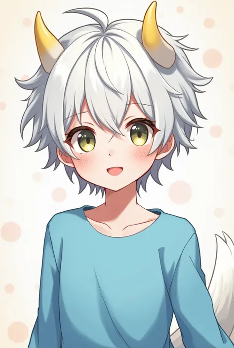 A white-skinned anime-type man with messy white hair and bangs, His expression is smiling, She has a sky blue blouse, He has grey pants that turn white, and has horns in her white and yellow hair.