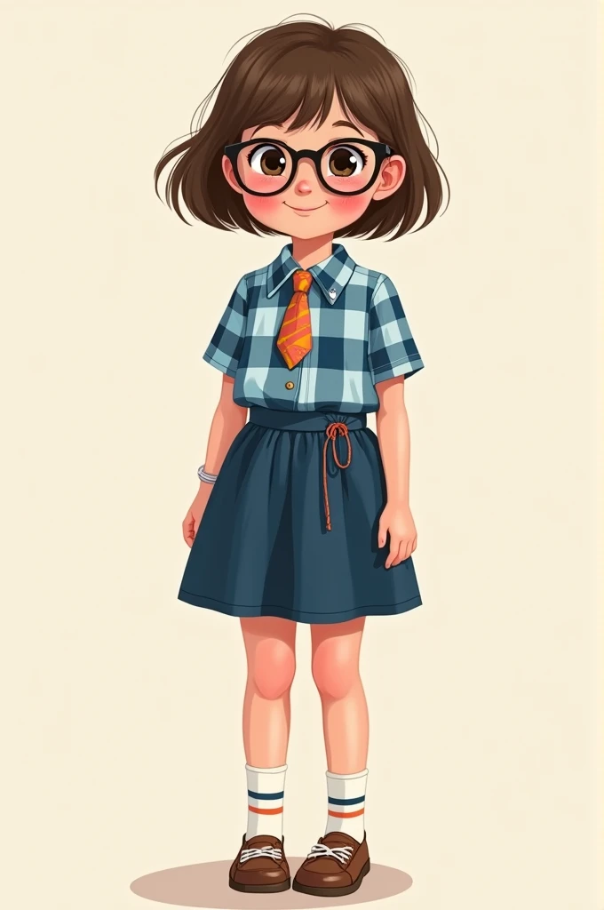  a 6 year old girl wearing a blue and white plaid short sleeve blouse, navy blue short skirt with satin bow near the waist, adding accessories that recall the fashion of the 70s such as glasses, ties, Cord ,shoe and sock.