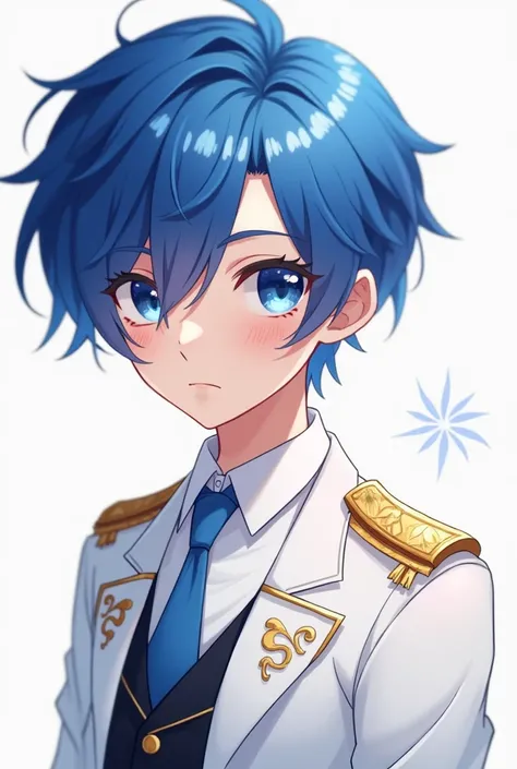 images for a Cute PNGTuber Model Cute male tuber PNG model with blue hair with blue and half dark blue eyes white shirt with blue tie and white prince coat with gold shoulder details