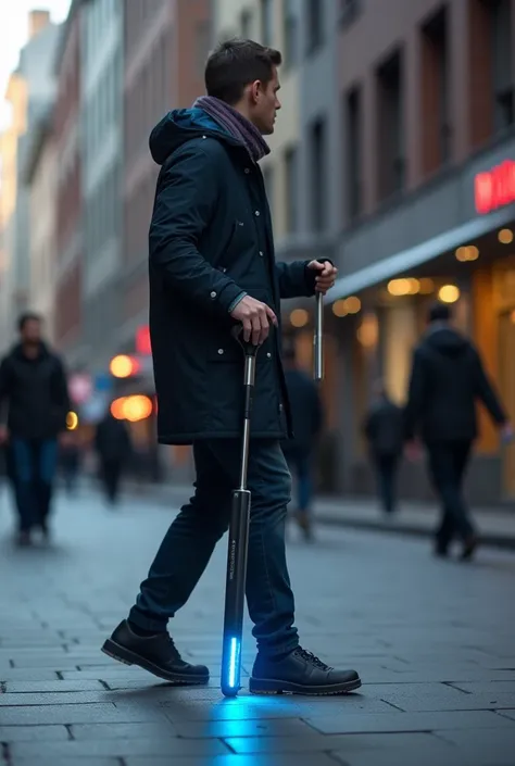 Create an image with these specifications A vibrating light cane with integrated hearing aid, integration of artificial intelligence and vibrations to detect slips, uneven streets and sidewalks, to detect if there are any holes in the stairs, high or low f...