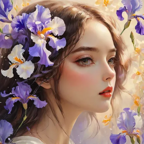 highest quality, masterpiece, surreal), Portrait of a beautiful and delicate profile girl, Playful and cute, Petals are floating in the background,Beautiful iris flowers