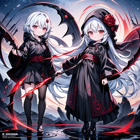 The cover image of the manga, Gray Grim Reaper Scythe, features a cute girl with waist-length white hair and ruby red eyes, standing in a beautiful pose holding a scythe The sickle has a single black handle.Red spider lily fractal art、chaos、chaos、🌹Thorns、