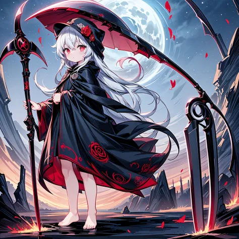 the cover image of the manga, gray grim reaper scythe, features a cute girl with waist-length white hair and ruby red eyes, stan...