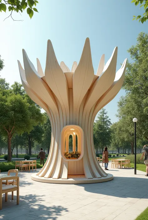 A kiosk without walls that is inspired by a flower, that they are in neutral colors, that the kiosk starts from the center like a stem and extends outwards like the petals ñ, but let all the petals fall down, in the style of architectural design in a park ...