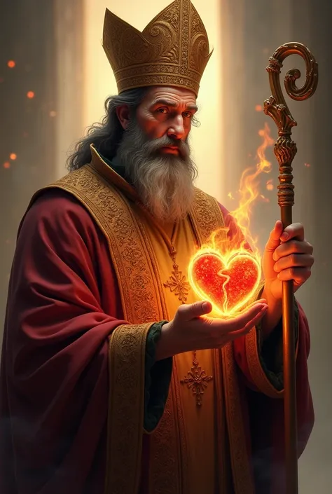 Portray St. Augustine with a deep, contemplative expression, must look 60 years old wearing a rich bishop&#39;s robe and a detailed miter on his head. The miter must be clearly visible, with traditional details. He is holding a burning, inflamed heart in o...