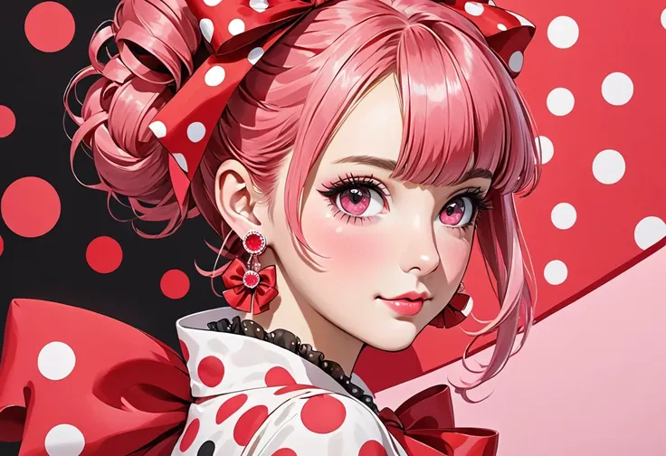 a drawing of a young woman with large red polka dots and big red bows, 1girl, solo, earrings, jewelry, pink hair,pink eyes , repolka dot, bow, looking at viewer, hair bun