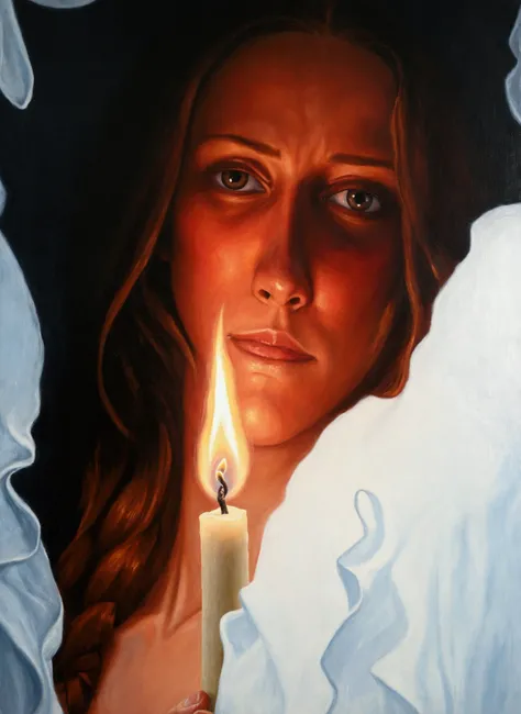 painting of a woman holding a candle in front of a picture of a man, mystical oil on linen, candlelit, la llorona, emotional oil painting, oil on canvas detailed, painting of a woman, luminescent oil painting, goddess close-up portrait, oil painting of rea...