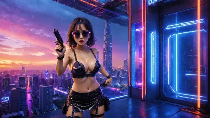 Blade Runner style futuristic Tokyo city, flying cars, neon lights, rainy night. (1girl, solo, alone), large-breast:1.2 slim body, slim face, cleavage:1.1, sexy laced lingerie, very low angle view miniskirt, jacket, (black micro sunglasses), (holding a sho...