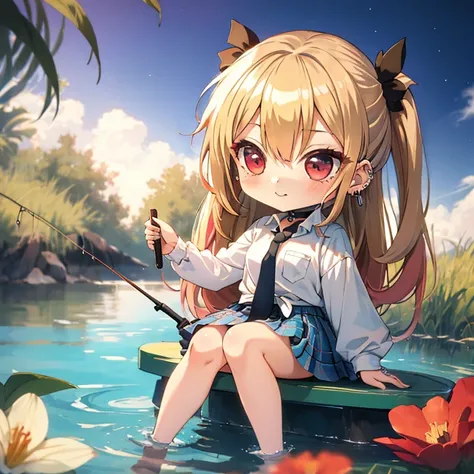 (Fishing), (chibi:1.5), full body, (masterpiece), highest quality, kitagawa marin, 1girl, blonde hair, long hair, multicolored hair, red eyes, jewelry, earrings, piercing, , white shirt, tied shirt, black choker, blue necktie, plaid skirt