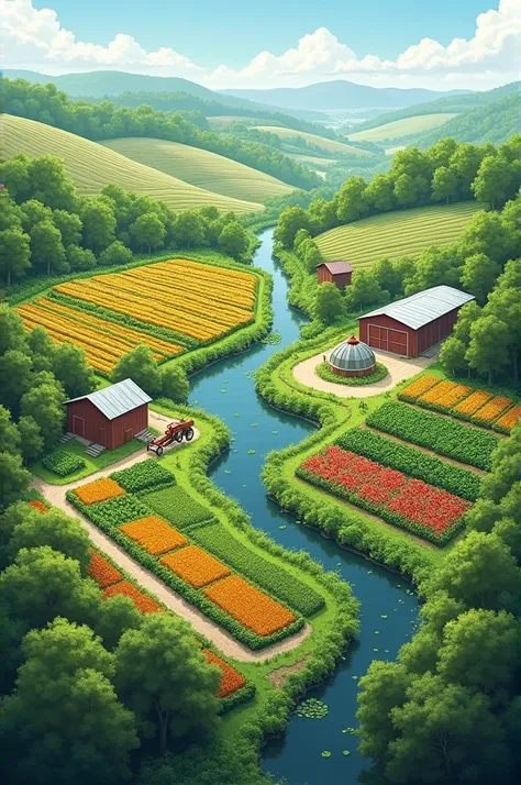 draw in one picture the ideal farm site for vegetable production, include the slightly sloping topography of the land, nearness to road and transportation facilities and availability of water supply, (the drawing is unrealistic)