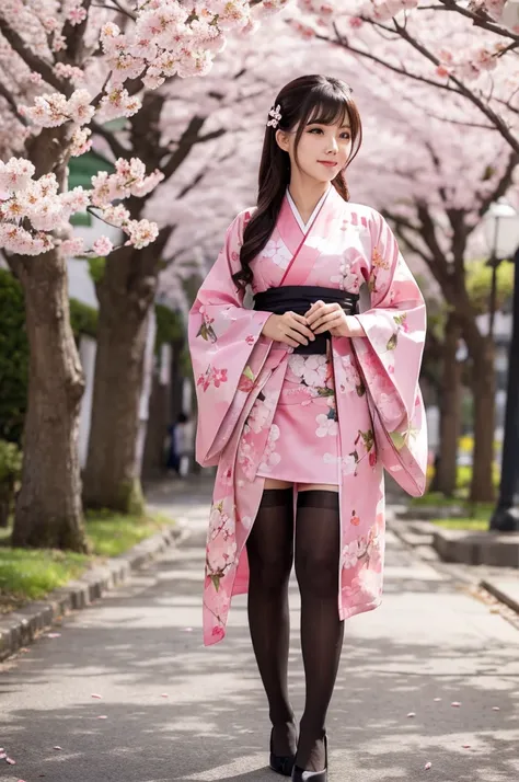 Beautiful woman wearing cherry blossom kimono and pantyhose