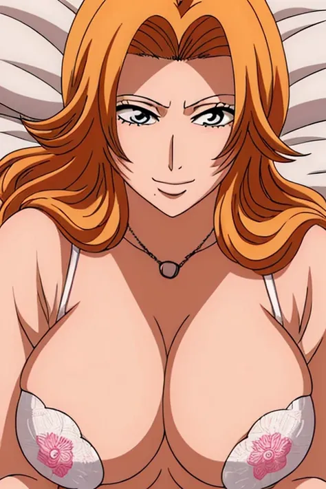 masterpiece,Beautiful Face,胸を揉みしだく, between breasts,In underwear,bright red face ,うつ伏せ,Textured skin, full body,orange hair,Beautiful white skin with a pinkish tint,In underwear,Too big breasts,Great style,Matsumoto Rangiku,Blushing, Red face, Put a stick ...