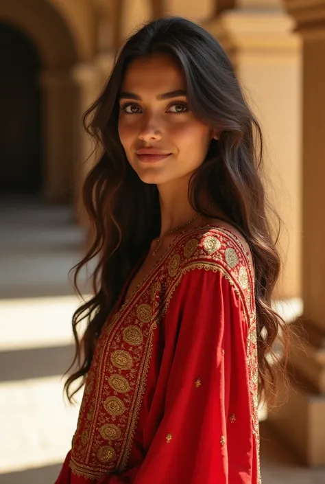 Imagine a girl of average height, with long, kohl-rimmed hair and big, kohl-rimmed eyes that shine like stars.. Her skin is clear, and she has a sweet smile that makes her even more beautiful.. Wearing a beautiful Moroccan caftan, embroidered with golden h...