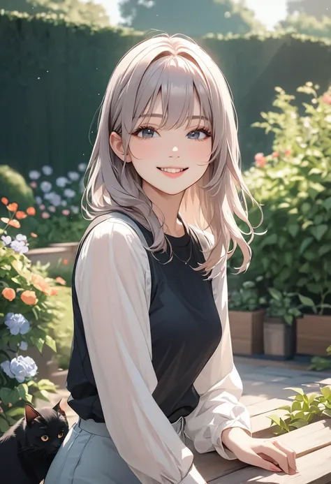 (masterpiece:1.5),(Beat quality),(high res),1girl solo,beautiful face,smile,upper body,Woman in plain clothes,garden,Black cat is with me